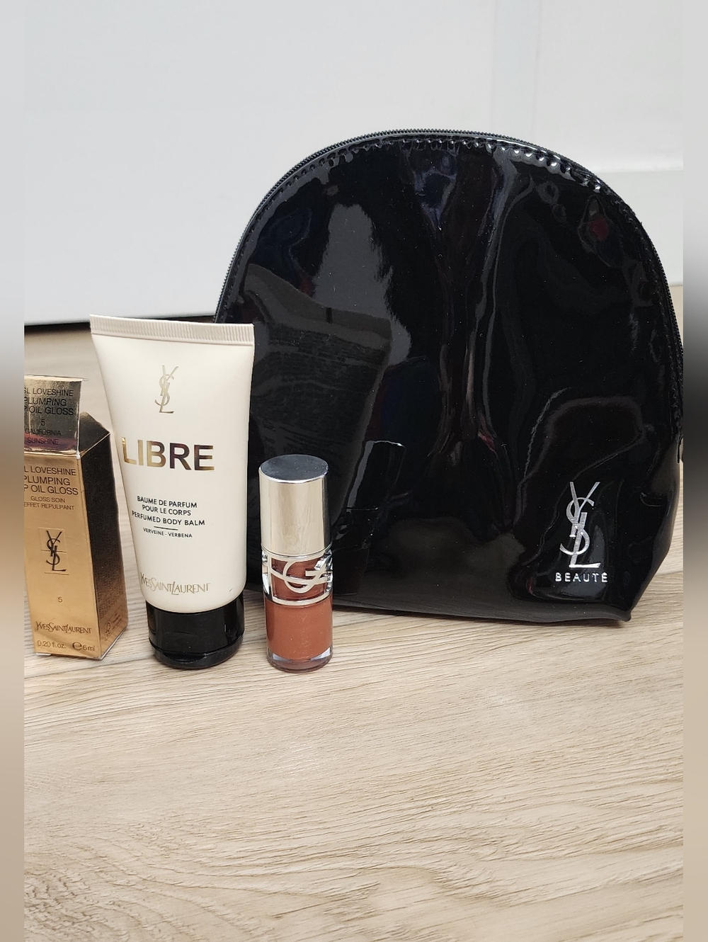 New Ysl Black Patent Leather Makeup Pouch Bag + 2 Pcs Makeup Skincare Gift Set